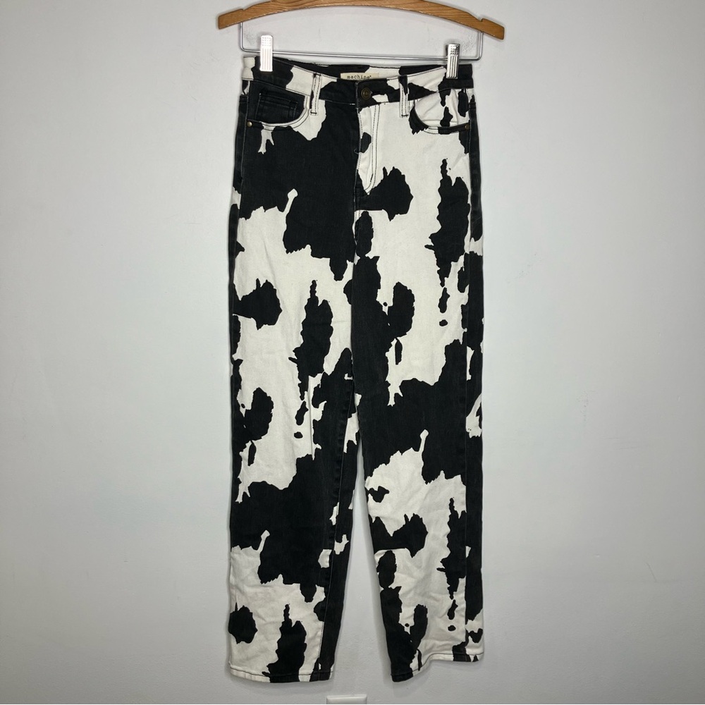 Machine cow print jeans straight fit black white trendy animal farm women's 26‎